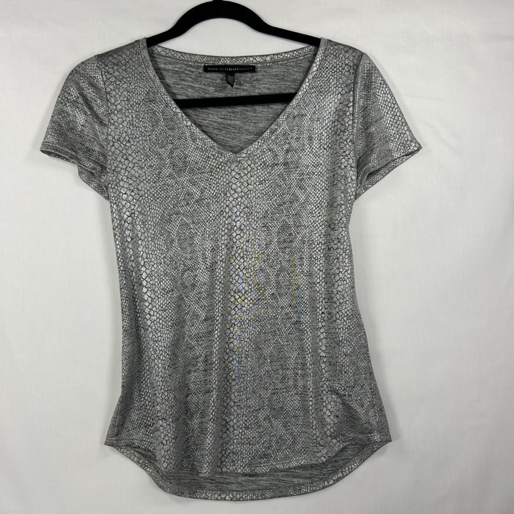 White House Black Market Silver Metallic Snake Print V-Neck Tee XXS